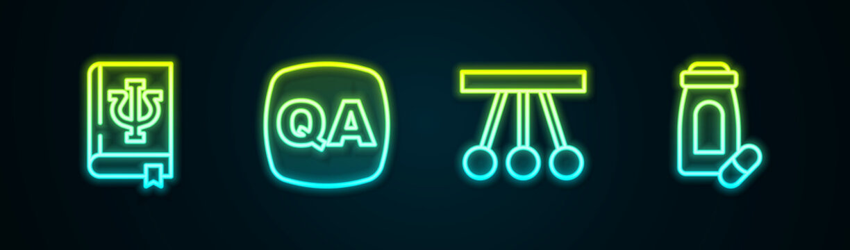 Set line Psychology book, Psi, Question and Answer, Pendulum and Sedative pills. Glowing neon icon. Vector