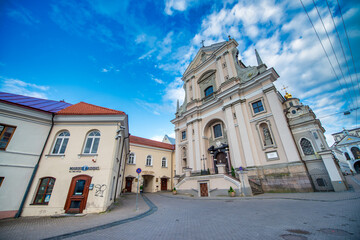 VILNIUS, LITHUANIA - JULY 9, 2017: Gates of Basilian monastery and Catholic church of Saint Therese.