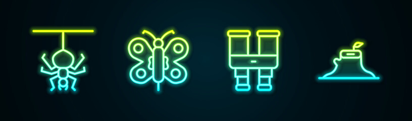 Set line Spider, Butterfly, Binoculars and Tree stump. Glowing neon icon. Vector