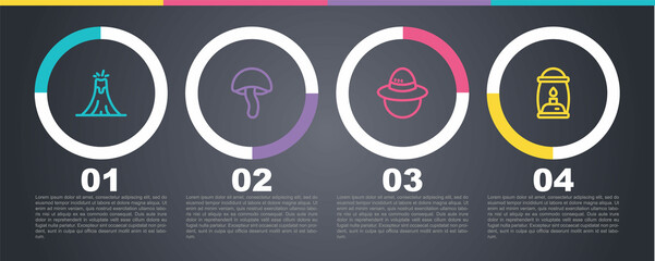 Set line Volcano eruption, Mushroom, Camping hat and lantern. Business infographic template. Vector