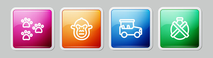 Set line Paw print, Monkey, Safari car and Canteen water bottle. Colorful square button. Vector