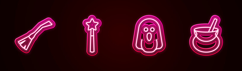 Set line Witches broom, Magic wand, Ghost and cauldron. Glowing neon icon. Vector