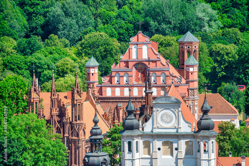 Sticker Aerial view of Vilnius city landmarks in the moddle of trees, Lithuania.