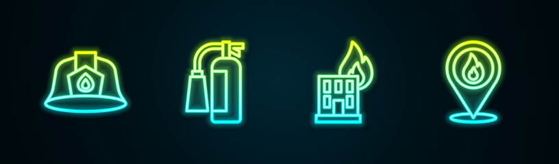 Set line Firefighter helmet, extinguisher, burning building and Location with fire flame. Glowing neon icon. Vector