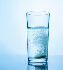 A glass of water in which the medicine is dissolved. Effervescent tablet, dissolves in water.