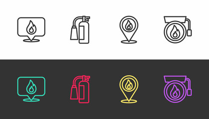 Set line Location with fire flame, Fire extinguisher, and Ringing alarm bell on black and white. Vector