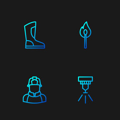 Set line Fire sprinkler system, Firefighter, boots and Burning match with fire. Gradient color icons. Vector
