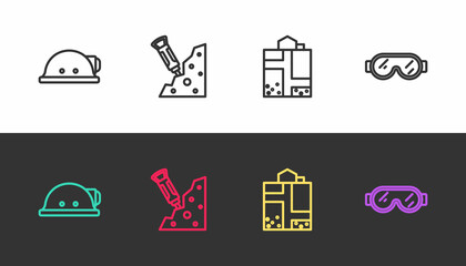 Set line Miner helmet, Construction jackhammer, entrance and Safety goggle glasses on black and white. Vector