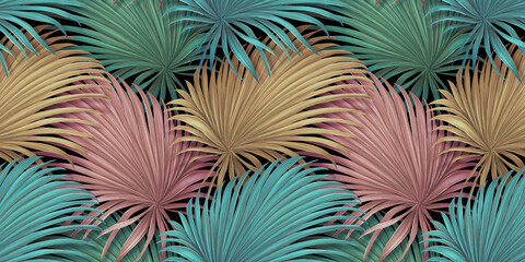 Fototapety  Tropical background, colorful textured palm leaves, golden, pink, green. Seamless pattern. Hand-drawn premium vintage 3d illustration. Luxury wallpapers, fabric printing, mural, cloth, paper, posters