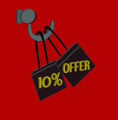 10 percent off in 3d. Gray shopping bags with gold lettering hang on a hanger, for poster of products on offer, black friday, discount and promotions.