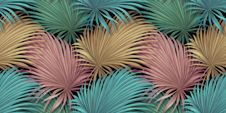 Tropical background, colorful textured palm leaves, golden, pink, green. Seamless pattern. Hand-drawn premium vintage 3d illustration. Luxury wallpapers, fabric printing, mural, cloth, paper, posters