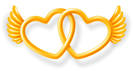 Obraz premium Two linked realistic golden hearts with wings, fly together. Unity concept. Vector illustration EPS10.