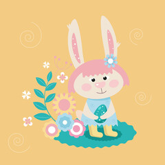 Easter greeting card with Easter bunny, flowers and colored eggs. Happy easter. Flat vector illustration