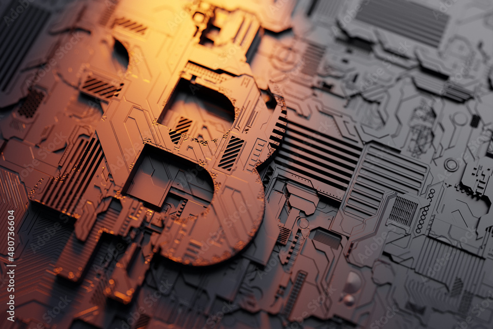 Poster 3d illustration of a realistic bitcoin model on the background of a robot or black cyber armor. clos