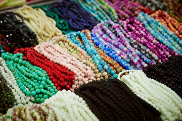 Various necklaces in a traditional market