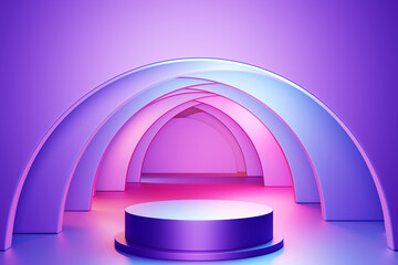 3d illustration of a scene from a circle on a purple background with a corridor. Close-up of a white purple pedestal.