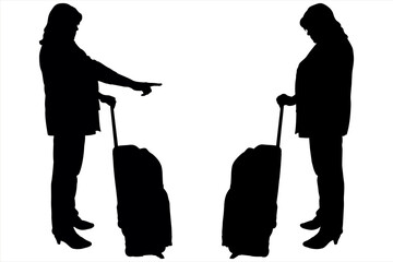 Businesswomen in business trouser suits stand opposite each other. A woman with a suitcase on wheels, shows a finger forward. People waiting. Two black female silhouettes isolated on white background.