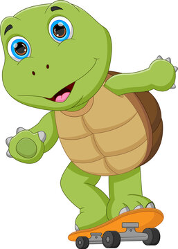 cartoon cute turtle playing skateboard