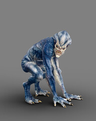 Scary humanoid alien creature with blue grey skin and sharp teeth crouching on all fours. 3D rendering isolated on grey background.