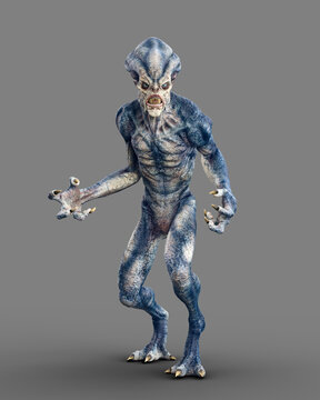 Blue grey skinned alien monster with sharp teeth standing in menacing pose. 3D illustration isolated on grey.