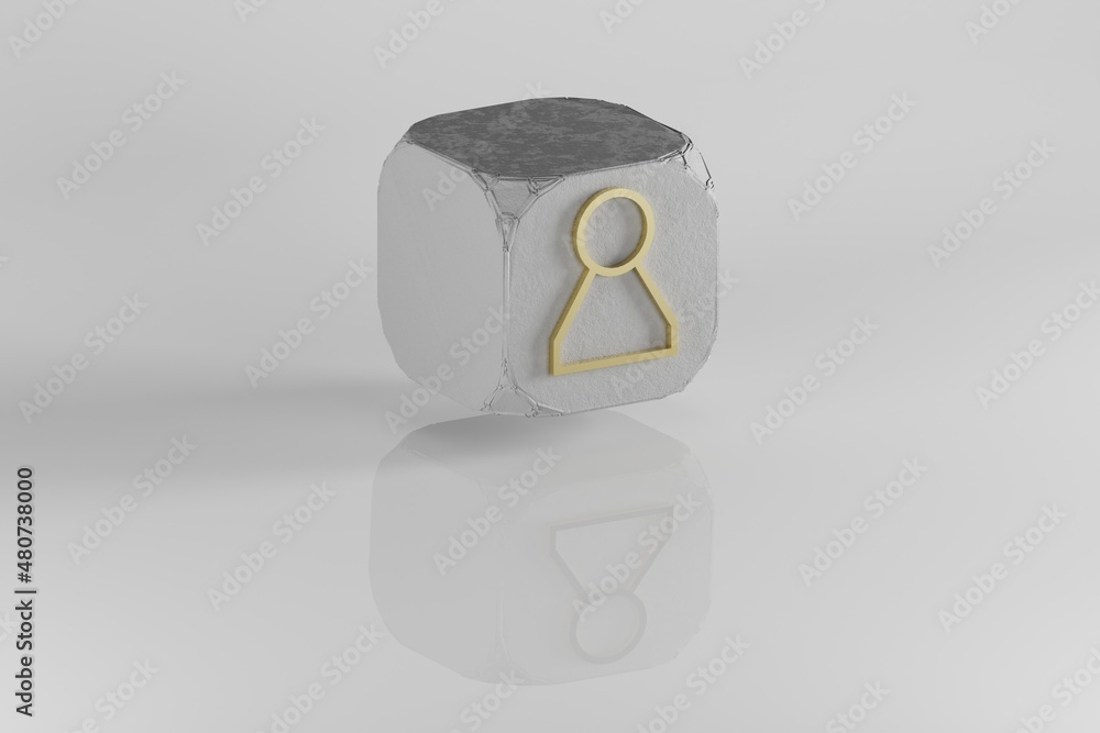 Poster User icon. Yellow Golden User symbol on stone cube and white background. 3d rendering illustration. Background pattern for design.