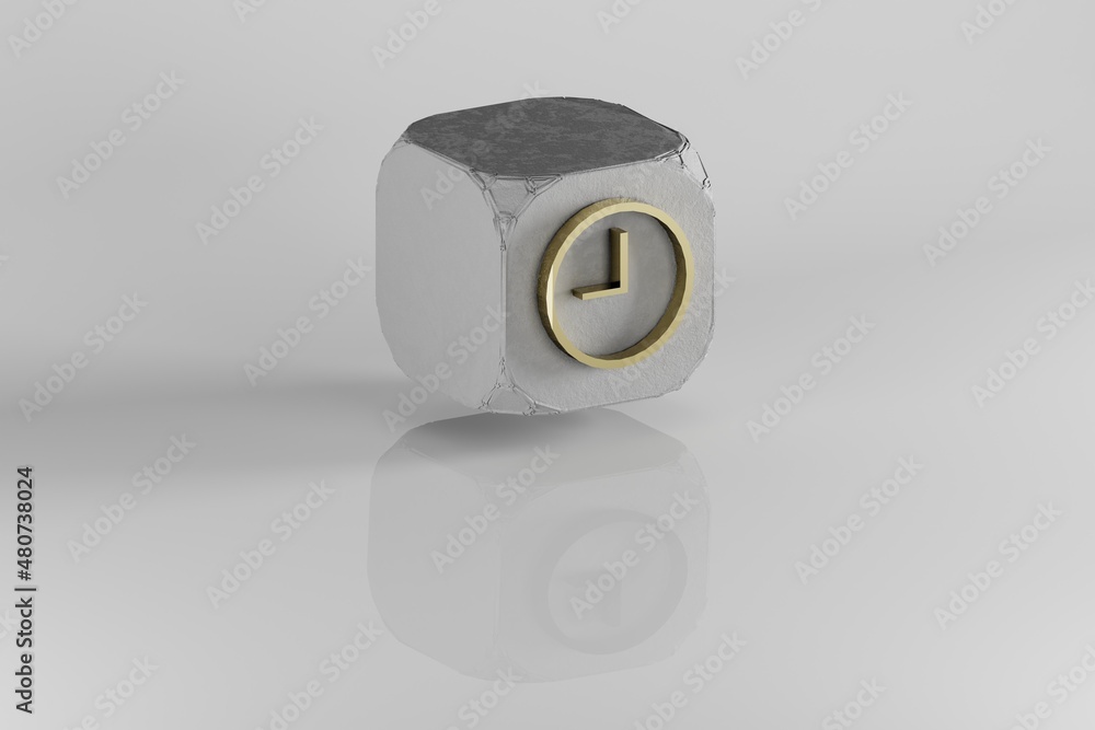 Poster Time icon. Yellow Golden Time symbol on stone cube and white background. 3d rendering illustration. Background pattern for design.