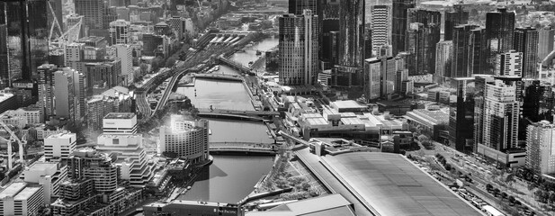 MELBOURNE, AUSTRALIA - SEPTEMBER 8, 2018: Aerial view of city central business district and Yarra...