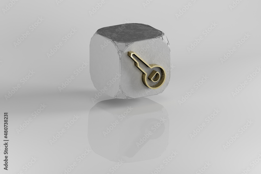 Aufkleber key icon. yellow golden key symbol on stone cube and white background. 3d rendering illustration. ba