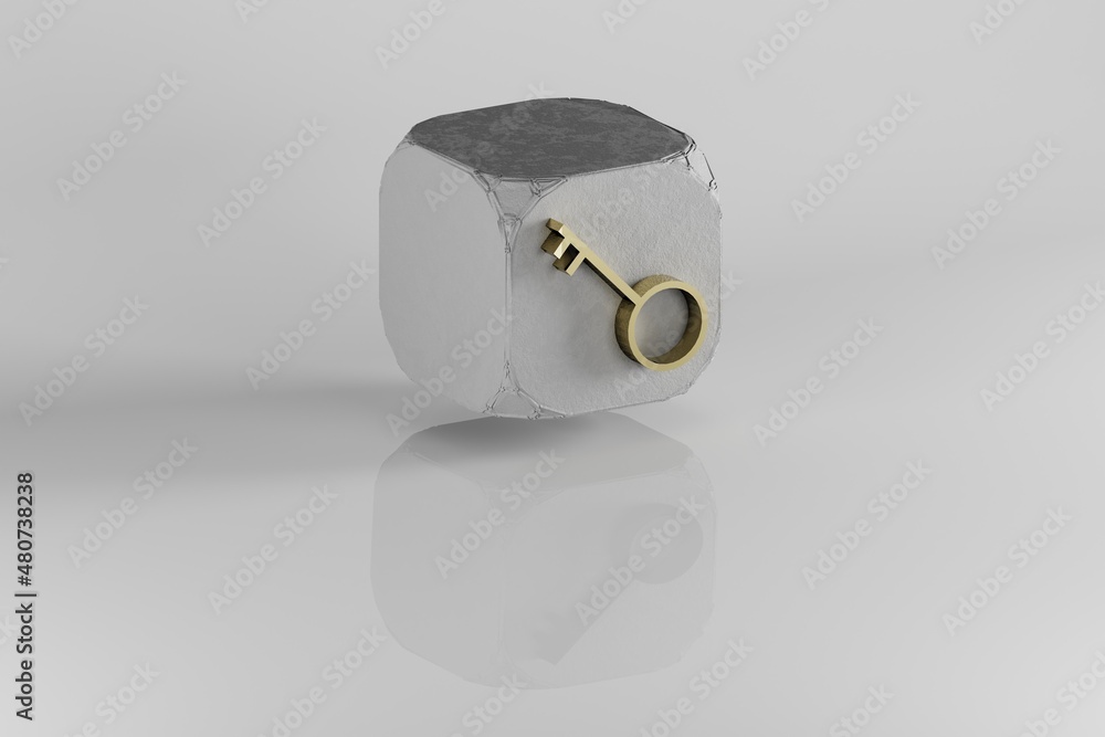 Aufkleber key icon. yellow golden key symbol on stone cube and white background. 3d rendering illustration. ba