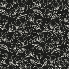 Black and white elegant floral background. Seamless vector pattern of apple tree flowers. Hand drawn illustration for design packaging, textile, wallpaper, fabric