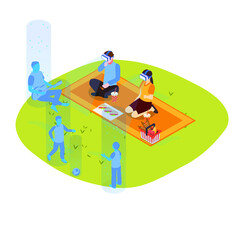 Obraz premium Family togetherness in metaverse isometric 3d vector concept for banner, website, illustration, landing page, flyer, etc.