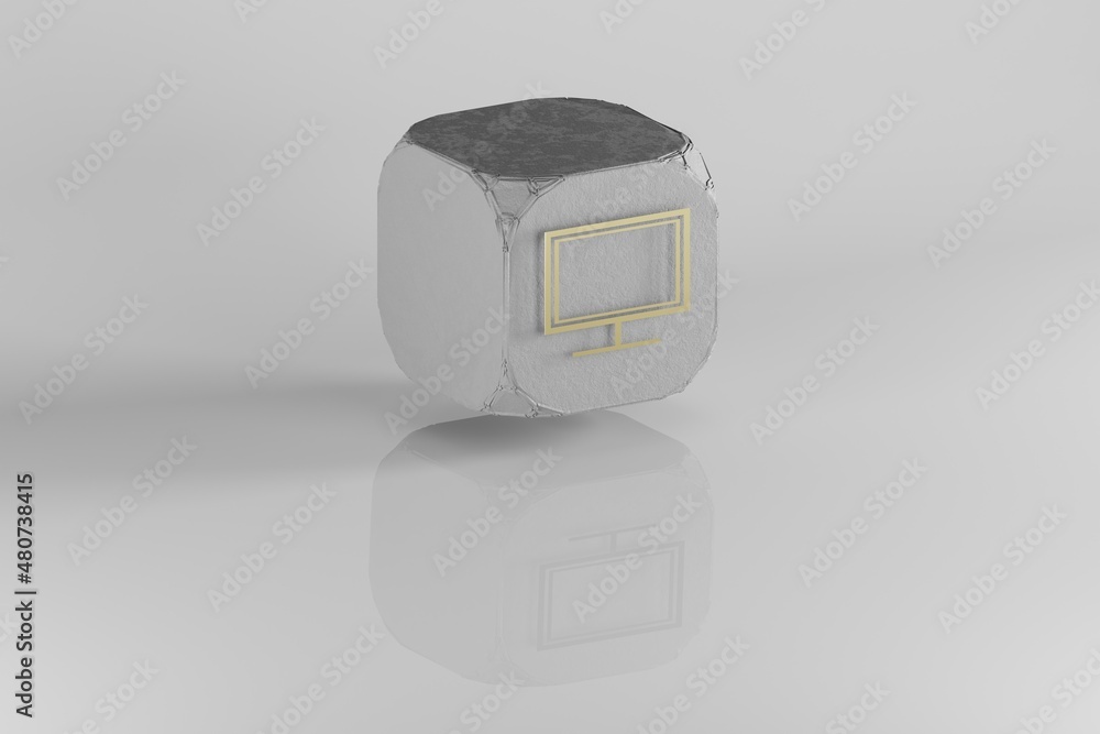 Aufkleber Desktop icon. Yellow Golden Desktop symbol on stone cube and white background. 3d rendering illustration. Background pattern for design.