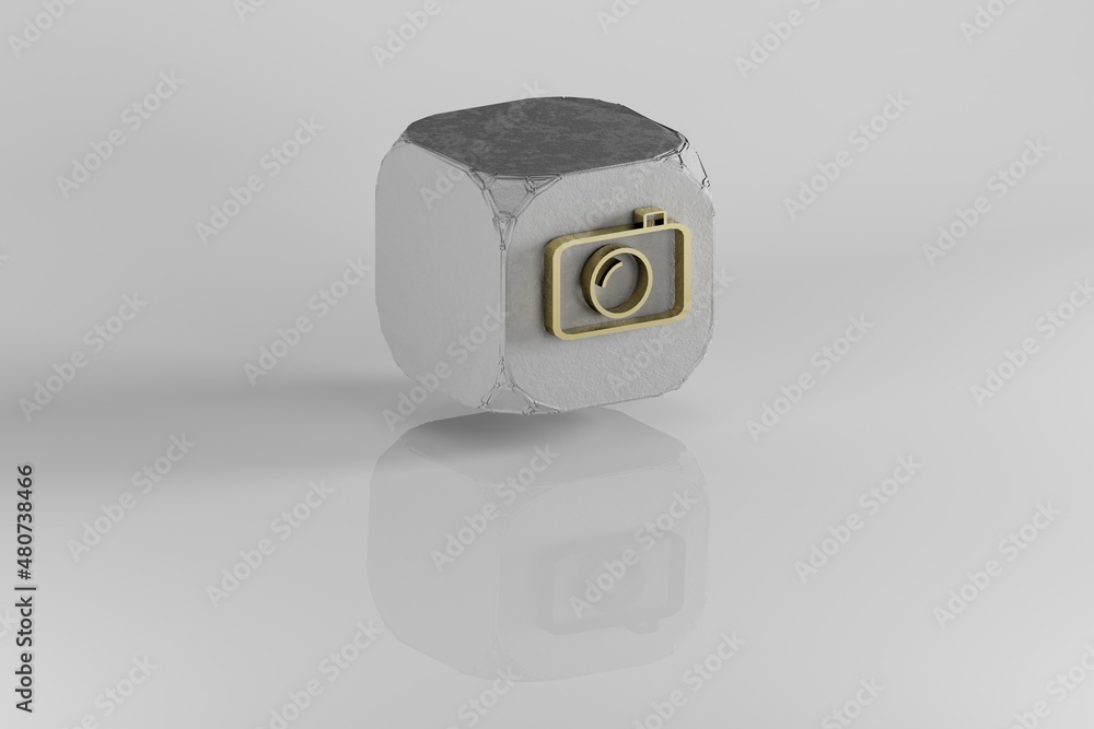 Aufkleber Photo Camera icon.  Yellow Golden Camera symbol on stone cube and white background. 3d rendering illustration. Background pattern for design.