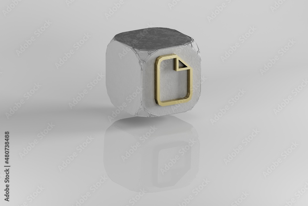 Aufkleber File icon.  Yellow Golden File symbol on stone cube and white background. 3d rendering illustration. Background pattern for design.