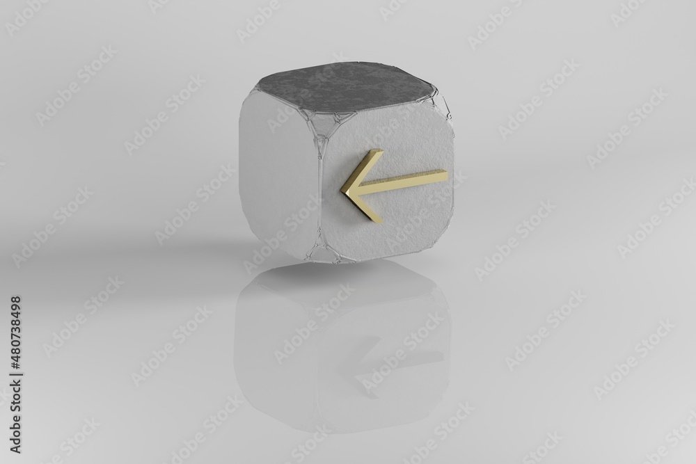 Poster Arrow Left icon.  Yellow Golden Arrow symbol on stone cube and white background. 3d rendering illustration. Background pattern for design.