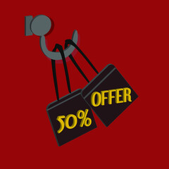 50 percent off. Gray shopping bags with gold lettering hang on a hanger. For banner of products on offer, black friday, discount and promotions.