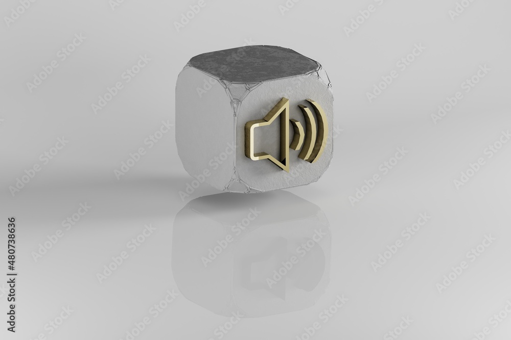 Aufkleber Volume Up icon. Yellow Golden Volume symbol on stone cube and white background. 3d rendering illustration. Background pattern for design.