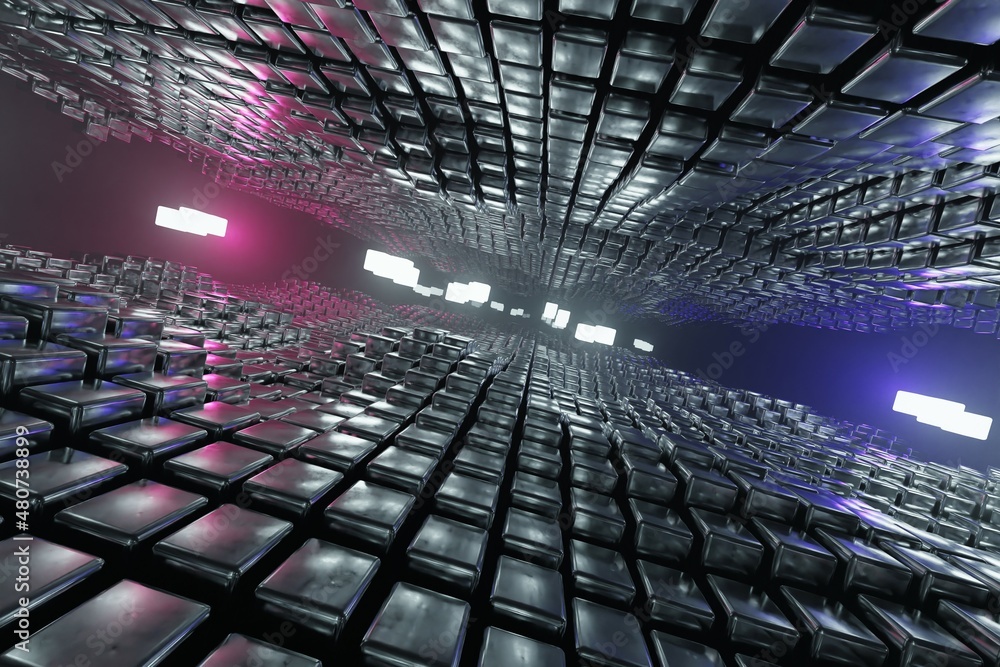 Poster abstract geometric background sci-fi construction of metalic cubes or space station, blue yellow neo