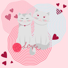 Сouple cats in love on an abstract pink background. Valentine's day.So sweet.Doodle cartoon style.