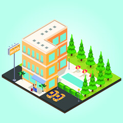 Hotel building isometric 3d vector concept for banner, website, illustration, landing page, flyer, etc.