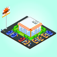 Retail market building isometric 3d vector concept for banner, website, illustration, landing page, flyer, etc.