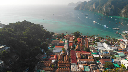 Phi Phi Don, Thailand. Aerial view of Phi Phi Island homes from drone on a sunny day