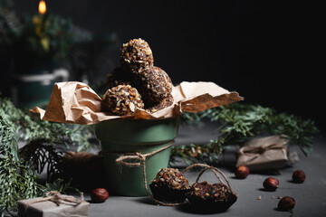 chocolate truffles, homemade on a black graphite background