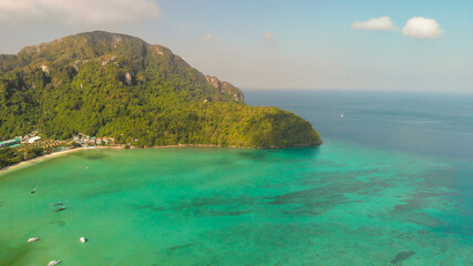Phi Phi Don, Thailand. Aerial view of Phi Phi Island coastline from drone on a hot sunny day.