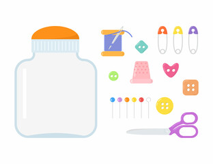 Mason jar with accessories for sewing on white background. Item for children. Vector illustration. Cartoon flat style