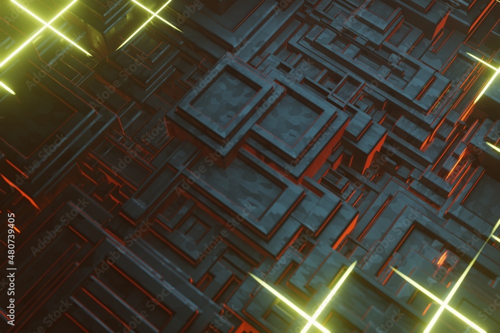 Poster Computer processor chip on a circuit board with microchips. AI. Circuit board. Technology background. Central Computer Processors CPU.  3d rendering illustration. Background pattern for design.