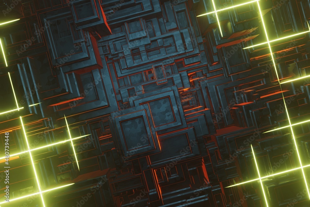 Poster Computer processor chip on a circuit board with microchips. AI. Circuit board. Technology background. Central Computer Processors CPU.  3d rendering illustration. Background pattern for design.