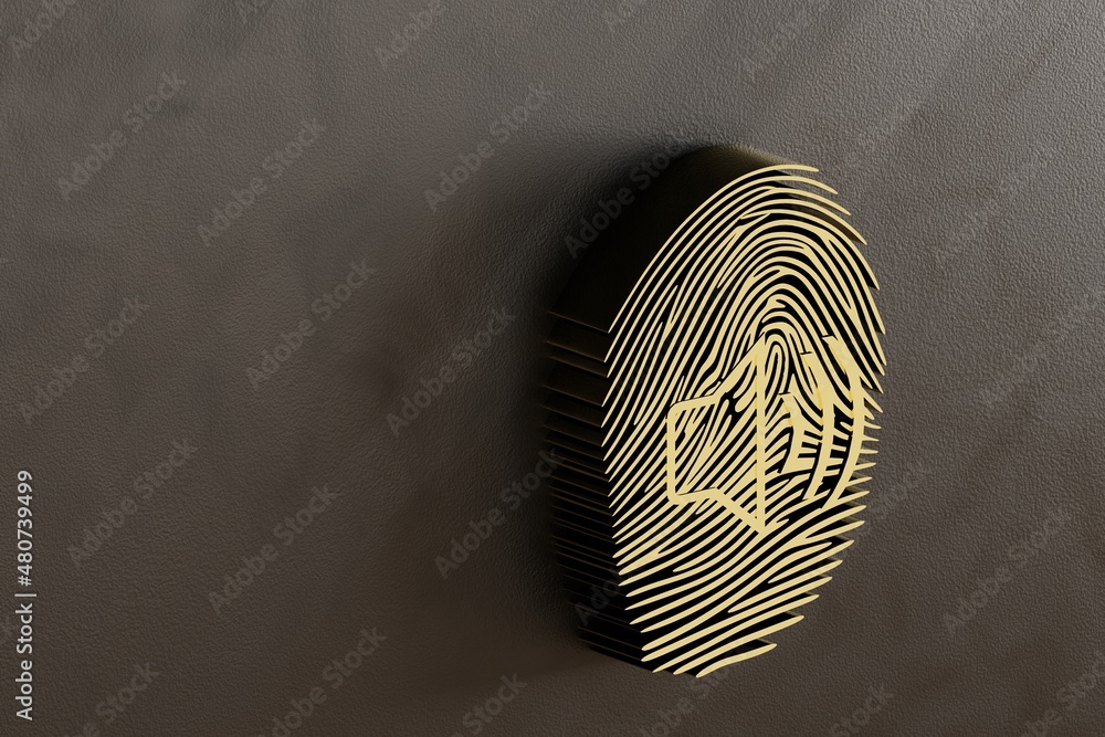 Fototapete beautiful abstract golden fingerprint with icon saund, standing on dark, 3d rendering. background pa