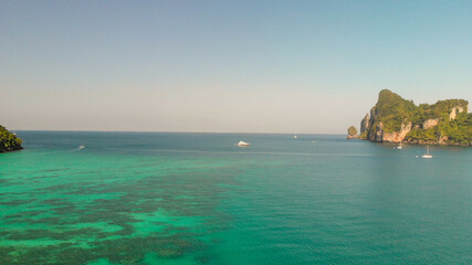 Phi Phi Don, Thailand. Aerial view of Phi Phi Island coastline from drone on a hot sunny day.