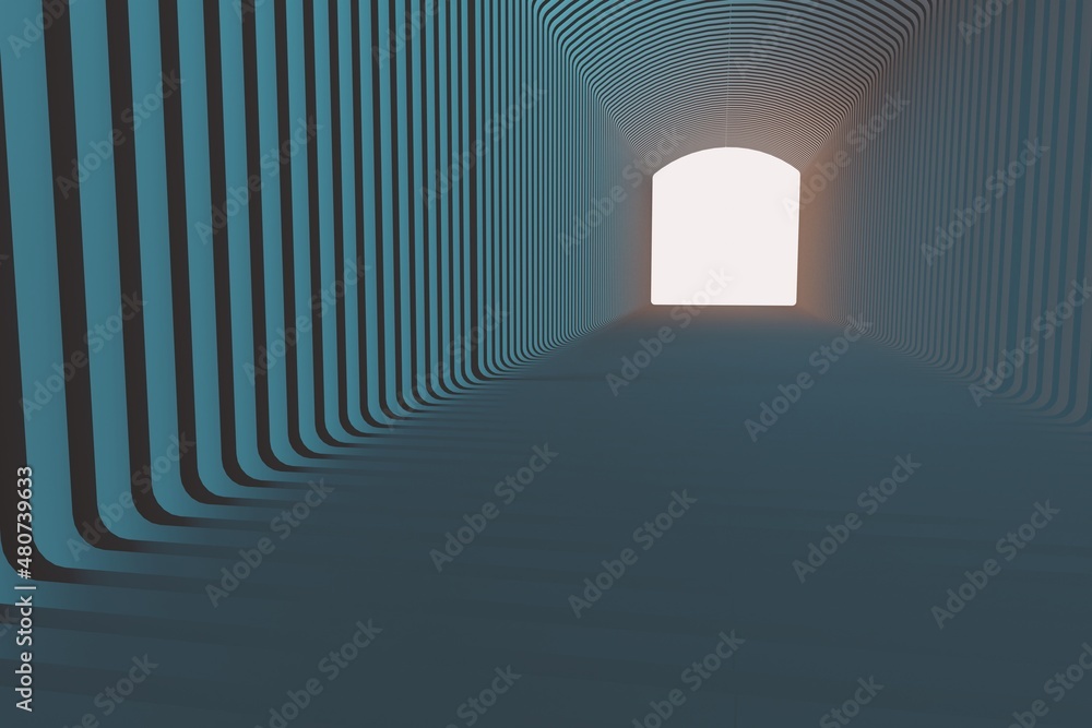 Poster Beautiful abstract gray tunnel with color light on a white shine in the end background. 3d rendering illustration. Background pattern for design.